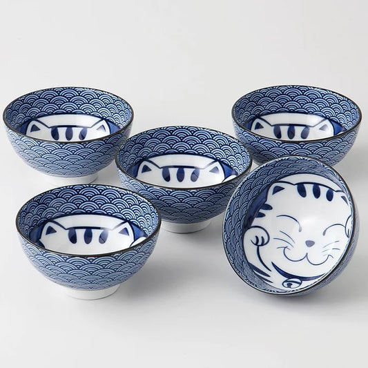 Maneki Neko Bowls set BOWLS MANEKI NEKO MINO CERAMIC RICE BOWLS SEIGAIHA SOUP BOWLS